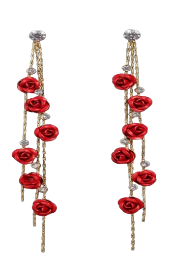 Brincos Longos Retrô com Rosa e Detalhes em Strass